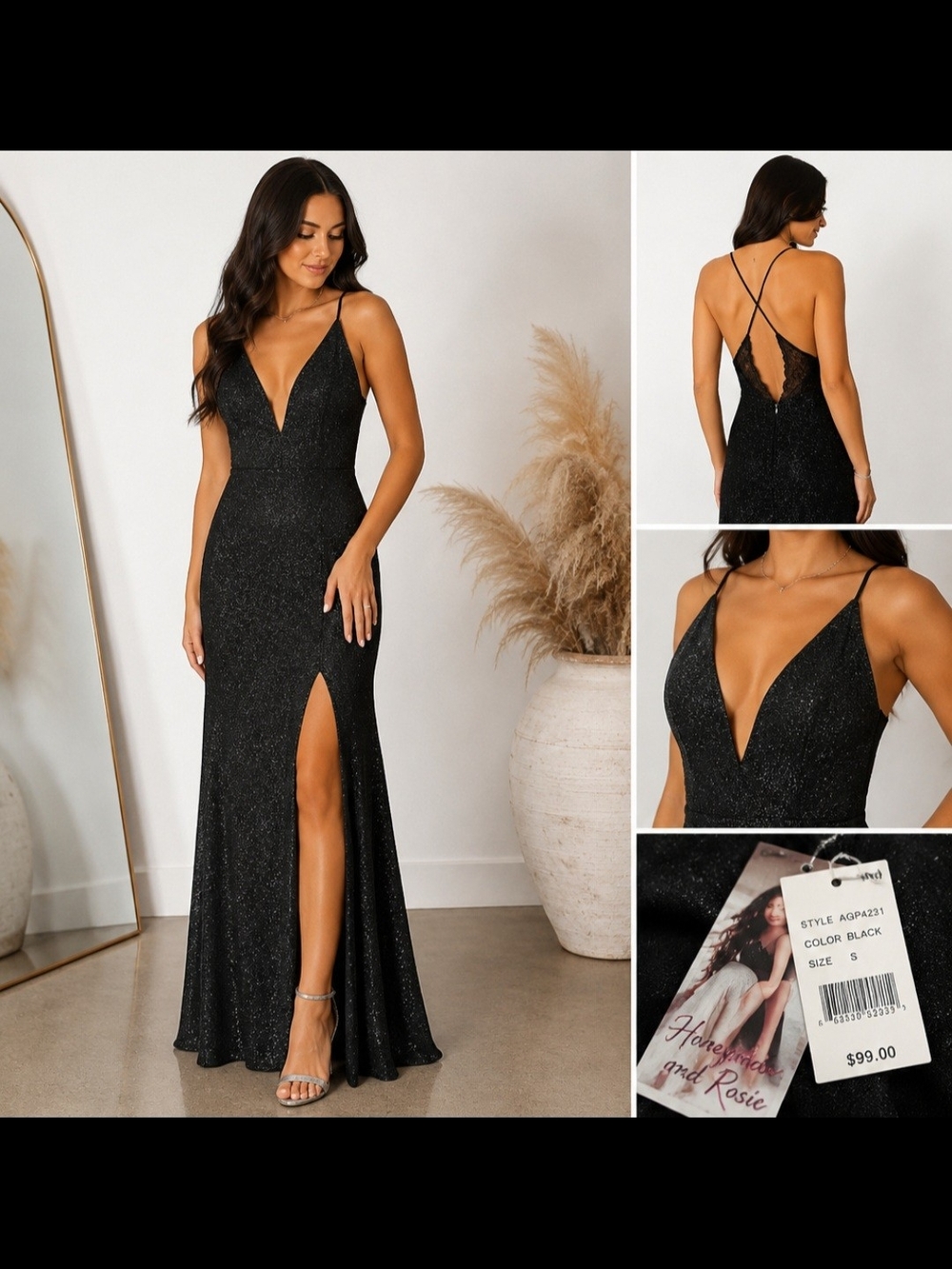 Honey and Rosie Black Glitter Evening Gown Prom Dress Formal Bridal S NWT